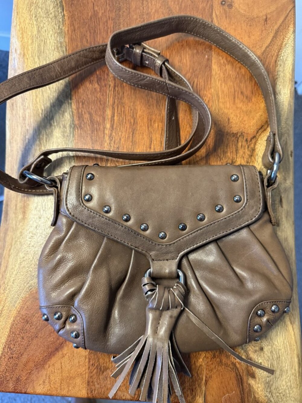 Taupe Studded Leather Tassel Crossbody Bag